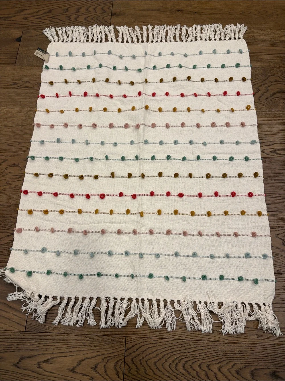White Pom-Pom Rainbow Stripe Holiday Throw Blanket by